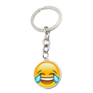Funny laughing emoji face glass gemstone keychain with durable silver metal ring and chain