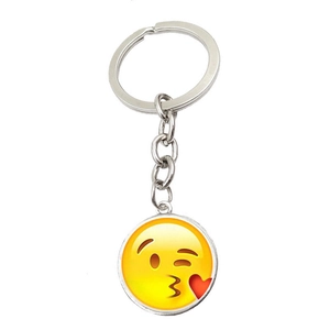 Kissing emoji glass gem keychain with silver metal ring on white background