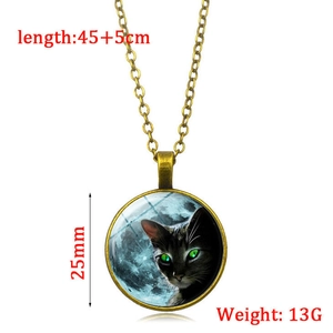 Bronze Mond und Katze Anhänger Halskette mit 25mm Glaskuppel und 45+5cm Kettenlänge