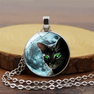 Vintage Legierung Glas Mond Katze Anhänger Halskette Rund Mysteriös Schmuck Geschenk Für Damen Herren Mode Lange Pullover Kette