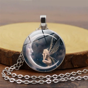 Vintage Legierung Glas Mond Engel Fee Zeit Juwel Anhänger Halskette Retro Pulloverkette Für Damen Fantasie Schmuck
