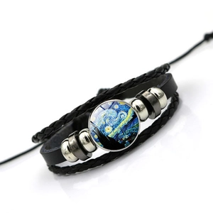 Van Gogh Sternennacht Lederarmband mit mehrlagigen geflochtenen Bändern und Glaskuppel