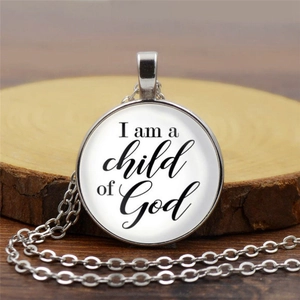 Religious Pendant Necklace Vintage Alloy Glass Cabochon Inspirational Quote Jewelry Women Men Child Of God Lettering