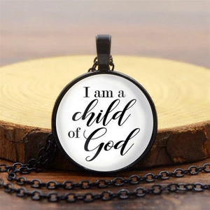 Religious pendant necklace featuring I am a child of God script on black alloy frame