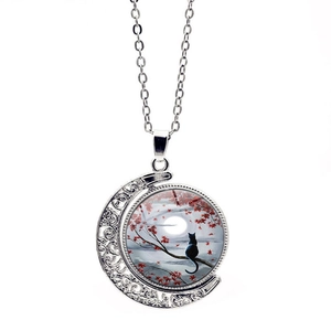 Retro Alloy Moon Cat Pendant Necklace With Rotating Glass Dome Art Red Maple Leaf Design Fashion Jewelry For Women Men