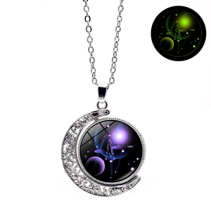 Vintage Luminous Twelve Zodiac Constellation Moon Pendant Necklace Hollow Double Sided Rotating Galaxy Glass Necklace Jewelry