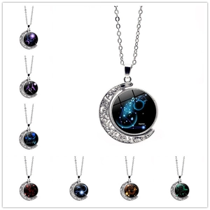 Luminous twelve constellations rotating moon pendant necklace with silver chain for women