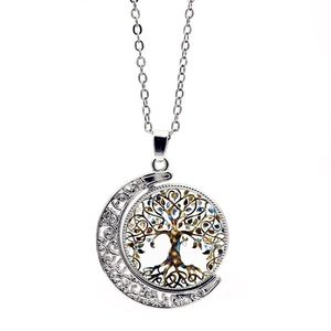 Vintage Tree Of Life Crescent Moon Pendant Necklace For Women Zinc Alloy Glass Cabochon Double Sided Rotating Jewelry Gift
