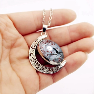Creative silver moon necklace with black cat and red maple illustration pendant