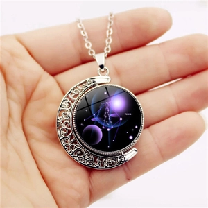 Luminous Libra zodiac necklace with rotating moon pendant and purple starry galaxy pattern
