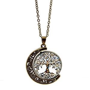 Vintage bronze tree of life moon pendant necklace with colorful enamel on white background