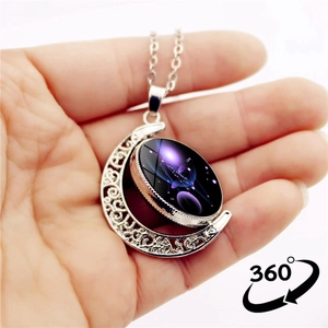Luminous Libra constellation silver moon necklace with 360-degree rotating pendant