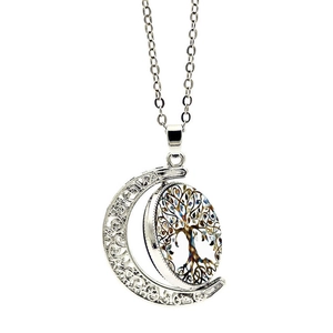 Silver tree of life rotating moon pendant necklace with colorful glass stone and link chain