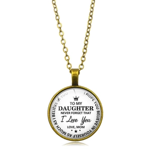 Collier en bronze vintage avec pendentif en verre, couronne et message pour sa fille