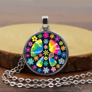 Peace Sign Flower Necklace Rainbow Tie-Dye Hippie Pendant Bohemian Alloy Glass Cabochon Necklace For Men Women Jewelry