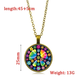 Detail view of 25mm rainbow peace sign pendant necklace with dimensions and weight