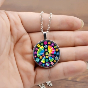 Bohemian rainbow peace sign flower necklace with silver chain and glass pendant