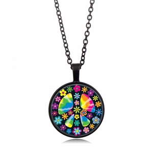 Bohemian rainbow peace sign pendant necklace with colorful floral pattern and black chain
