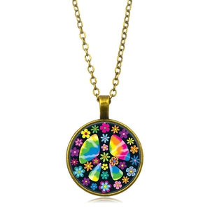 Hippie rainbow peace sign pendant necklace with colorful flower patterns and bronze chain