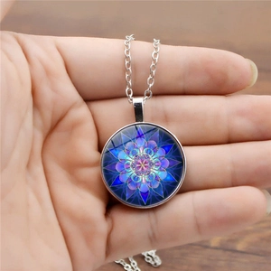 Mandala pattern crystal glass pendant necklace with a silver chain for women