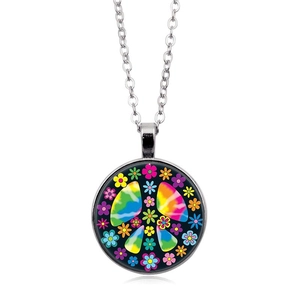 Hippie style rainbow peace sign flower necklace with glass gem pendant and silver chain