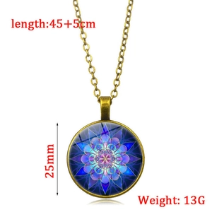 Detail view of a 25mm mandala glass dome pendant with antique bronze chain necklace