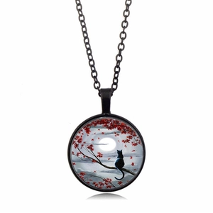 Vintage black cat on maple branch necklace with round moonlit pendant and o-chain