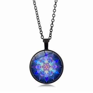 Mandala flower glass dome pendant necklace with black cross chain for women and men