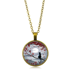 Vintage bronze necklace with black cat on red maple branch under moonlight pendant