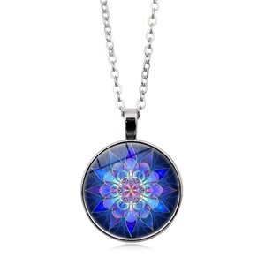 Bohemian mandala flower pendant necklace with blue glass dome and silver chain link