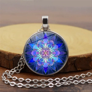 Vintage Mandala Flower Time Gem Pendant Necklace Round Glass Dome Alloy Chain For Women Men Fashion Commute Jewelry Gift