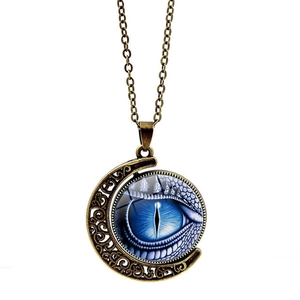 Vintage bronze crescent moon necklace with blue dragon eye pendant in gothic style