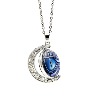 Vintage hollow moon necklace featuring a gothic blue dragon eye gemstone pendant