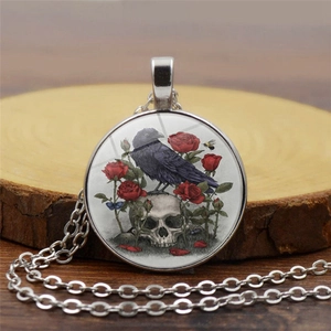 Gothic Crow Skull Time Gem Pendant Necklace Vintage Alloy Glass Rose Flower Jewelry For Women Men Halloween Party Accessories