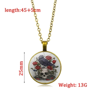 Detail of gothic crow and skull pendant showing 25mm diameter and 45+5cm chain length