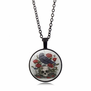 Gothic raven skull and red rose glass dome pendant necklace with black alloy chain