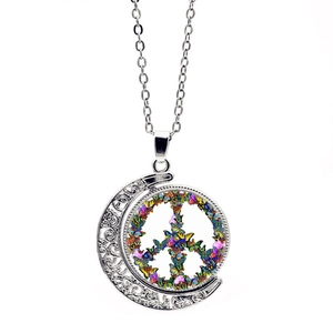 Vintage Alloy Hollow Moon Rotating Pendant Necklace Colorful Butterfly Peace Sign Glass Time Gem Sweater Chain Jewelry