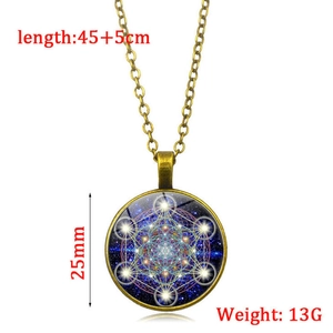 Detailed view of bronze mandala pendant necklace with size specifications 45+5cm and 25mm