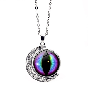 Vintage Magic Dragon Eye Double Sided Rotating Pendant Necklace Crescent Moon Alloy Glass Jewelry Gift For Women Men
