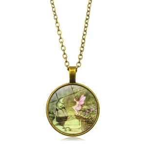 Collana in vetro con rana e fata dei fiori su pendente con finitura in bronzo