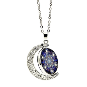 Mandala energy pattern rotating moon pendant necklace with silver chain and starry sky art