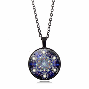 Sacred geometry Metatron's Cube mandala necklace with blue galaxy glass dome pendant