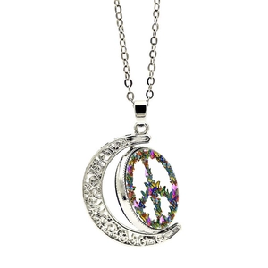 Rotating moon pendant necklace with peace sign and colorful butterfly pattern in silver