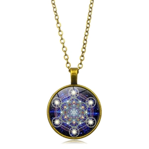 Vintage bronze mandala necklace with Metatron's Cube sacred geometry pendant and starry blue pattern