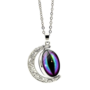 Rotating double-sided dragon eye necklace with crescent moon and gradient crystal pendant