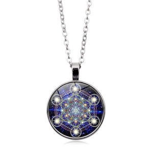 Mandala sacred geometry pendant necklace with Metatron's Cube and silver glass dome