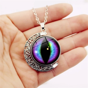 Gothic silver crescent moon necklace with purple dragon eye crystal pendant jewelry