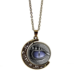 Retro Drachenauge Mond Anhänger Halskette mit lila Iris und Bronze Halbmond Rahmen