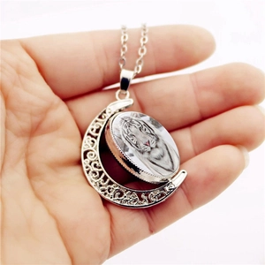 Vintage silver crescent moon pendant necklace featuring a realistic white tiger graphic