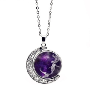 Mermaid Moon Starry Sky Pendant Necklace Double-sided Rotating Vintage Alloy Glass Sweater Chain Fashion Jewelry For Women Gift